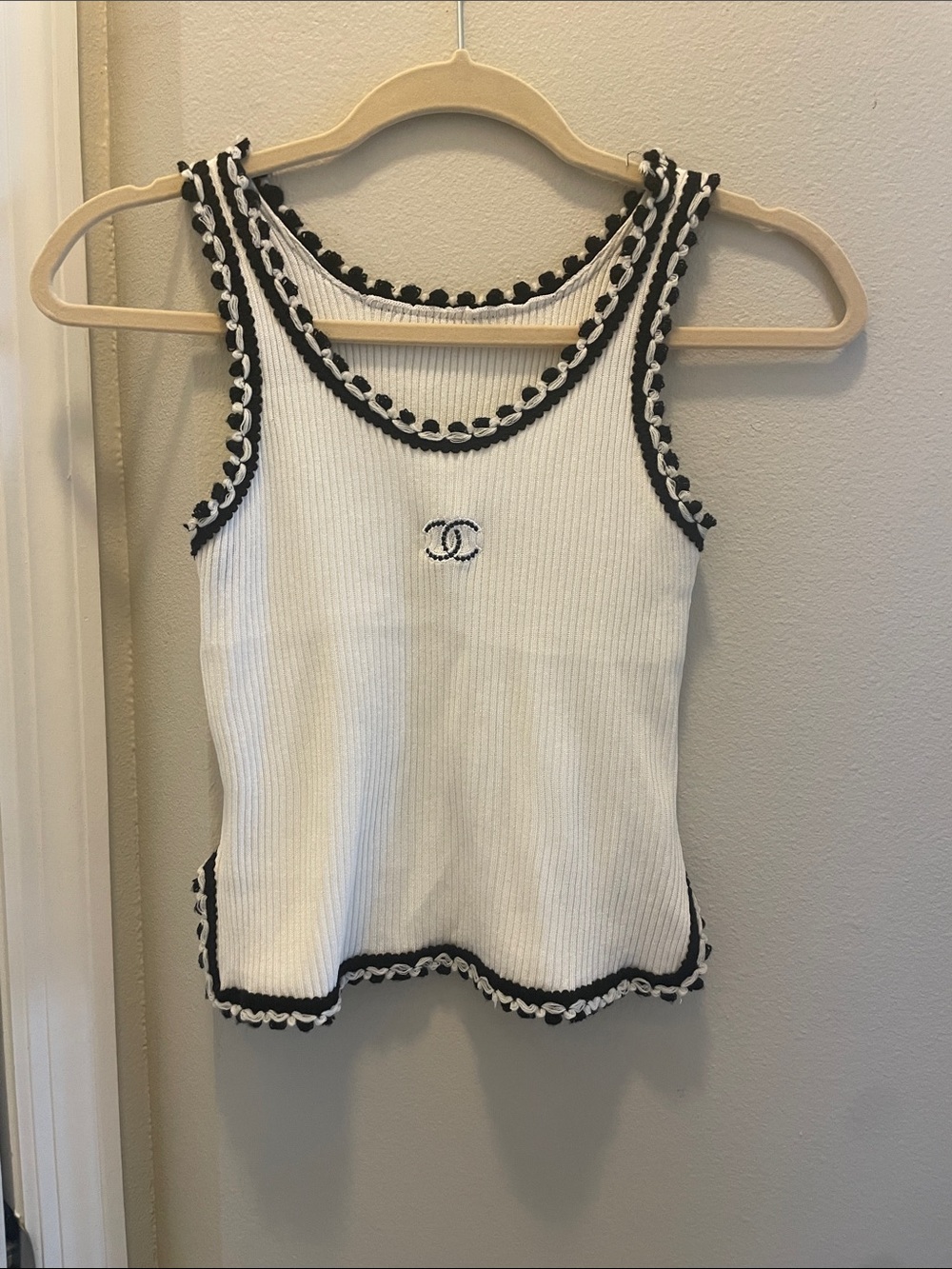 CHANEL White Ribbed Tank with Black Trim and CC Logo
